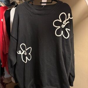 Oversized Black Sweater with White Floral Design